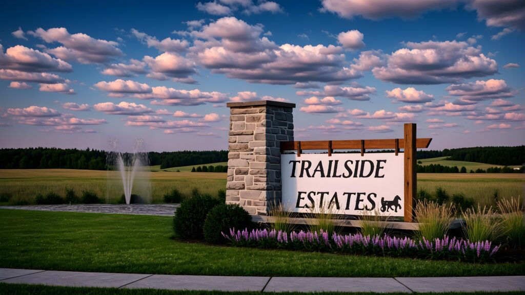 Entrance monument sign for Trailside Estates community with landscaped stone pillar and fountain.