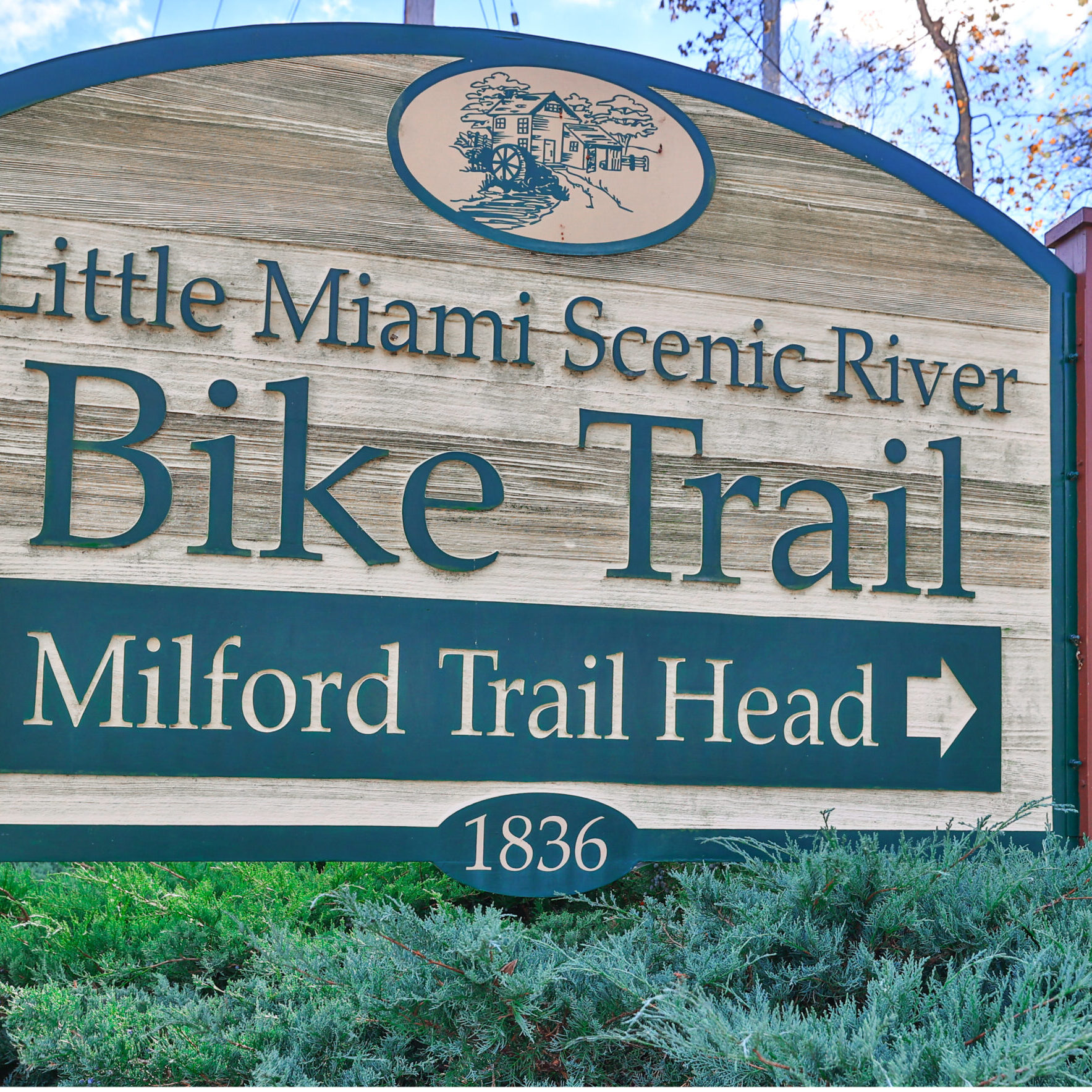 Sign for the Little Miami Scenic River Bike Trail at the Milford Trailhead in Milford, Ohio.